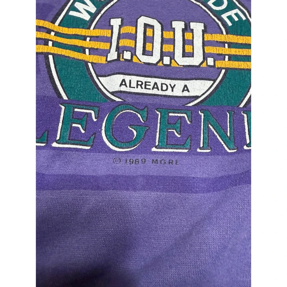 Vintage 1989 I.O.U. Worldwide Legend‎ Sweatshirt Purple Graphic Mock Neck